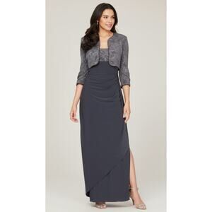 Alex Evenings Empire Waist Gown with Glitter Bolero Jacket Smoke Gray Size 10